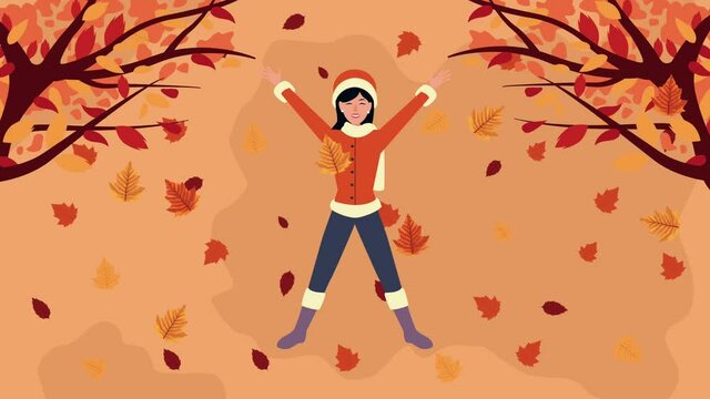 hello autumn animation with beautiful woman and leafs scene