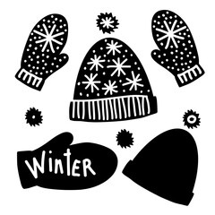 Isolated colorful vector black and white set of silhouettes winter beanie hat and mittens with star ornaments and pompoms. The design is perfect for banners, advertisements, decorations, stickers