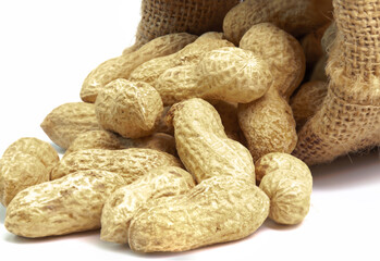 Peanuts in a sack on a white background