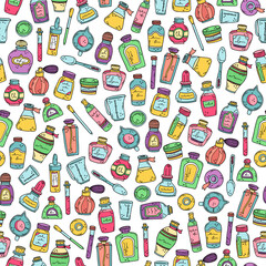 Background with perfume bottles, beakers and essential oils. Preparation of perfumes. Vector seamless pattern.