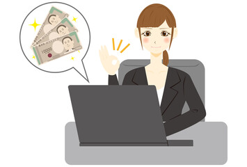 パソコン　女性　会社員　日本紙幣　プラス