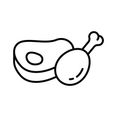 Fresh meat on bone. Chicken leg with steak. Linear icon of meat products. Black cartoon illustration of poultry, beef, pork. Contour isolated vector on white background. Butcher shop logo