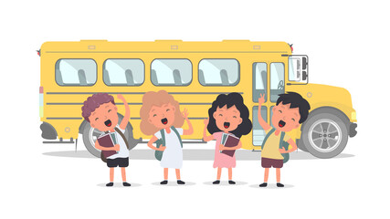 Happy children and a school bus. Children go to school. Yellow bus for school. Isolated. Vetkor.