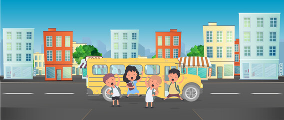 Obraz premium Happy children and a school bus. Children go to school. Yellow bus for school. Vetkor.