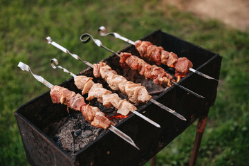BBQ barbecue skewers meat skewers with mushrooms on a flaming grill