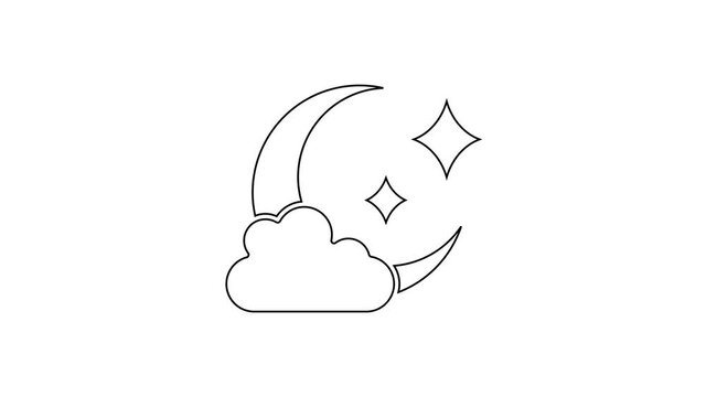 Black line Cloud with moon icon isolated on white background. Cloudy night sign. Sleep dreams symbol. Night or bed time sign. 4K Video motion graphic animation.