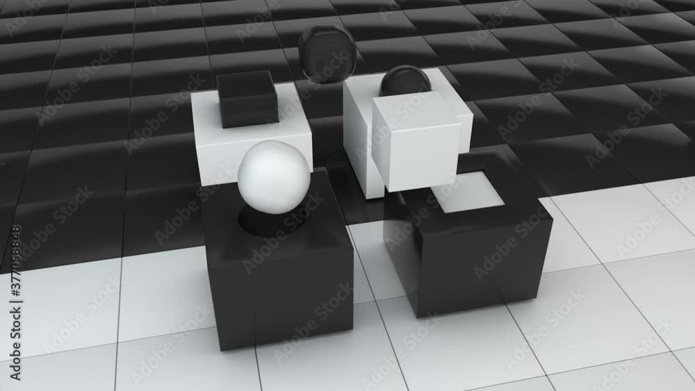 Poster 3d animation of a black and white geometric background of cubes and balls that turn into cubes and h