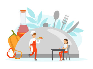Restaurant Stuff Serving Client, Tiny Chef Character in Uniform and Cap Vector Illustration