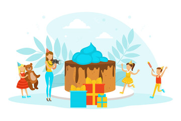Tiny Kids Celebrating Birthday, Cute Boy and Girls Having Fun and Photographing at Festive Cake Cartoon Vector Illustration
