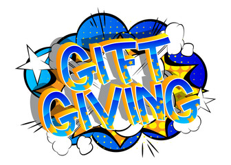 Gift Giving Comic book style cartoon words on abstract comics background.