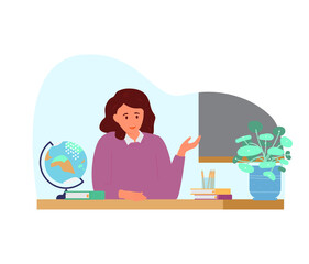 Woman Teacher At Desk In Classroom. Isolated On White. Flat Vector Illustration.