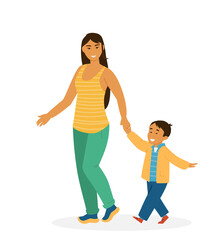 Smiling Asian Woman Walking With Little Boy. Mother And Son Characters. Isolated On White. Flat Vector Illustration.