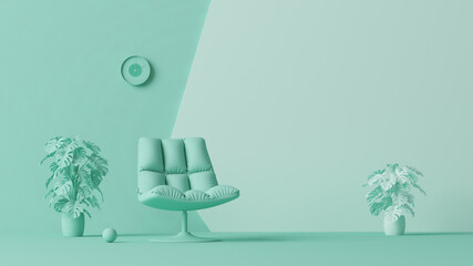 Interior of the room in plain monochrome pastel blue color with furnitures and room accessories. Light background with copy space. 3D rendering for web page, presentation or picture frame backgrounds.