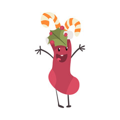 Funny Christmas Sock Character full of Gifts, Symbol of Xmas and New Year Holidays Cartoon Style Vector Illustration