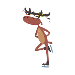 Cute Funny Christmas Reindeer Character Skating Happily, Symbol of Xmas and New Year Holidays Cartoon Style Vector Illustration