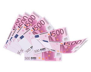 500 Euro bills. Cash. Five hundred euro banknotes isolated on white background. Design for a poster, business project.