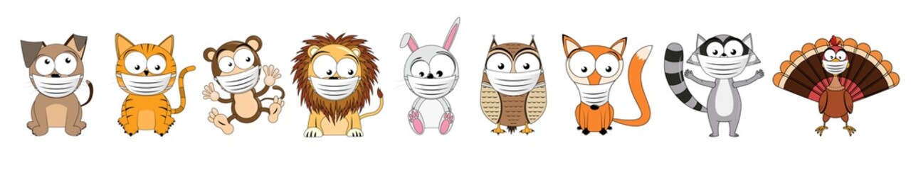 Caroon animals wearing face masks - vector illustration