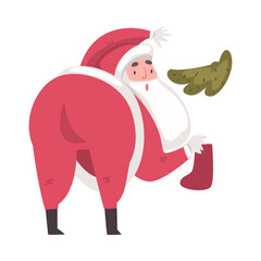 Funny Santa Claus, Cute Christmas Character Putting Gift in Sock, Symbol of Xmas and New Year Holidays Cartoon Style Vector Illustration