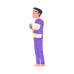 Slumber Party, Boy in Pajamas Standing with Pillow and Glass of Drink Cartoon Style Vector Illustration