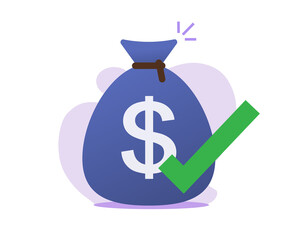 Money approved transfer vector icon concept, success cash received, payment transaction completed status, money bag with check mark tick as valid confirmed order pay modern design