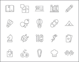 Set of hobby and spa free time line style. It contains such Icons as hobbies, activities, sport, art, gaming and other elements.