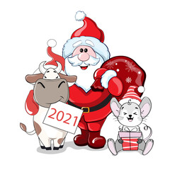 New Year card with Santa, cow and mouse. Symbol of the year 2020 and 2021