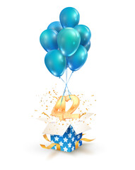 42th years celebrations. Greetings of forty two birthday isolated vector design elements. Open textured gift box with numbers and flying on balloons