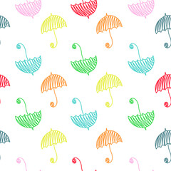 Obraz premium Seamless pattern with hand-drawn colorful umbrellas. Vector autumn background.