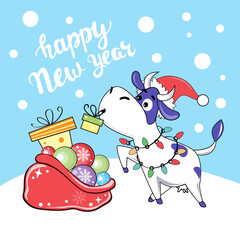 Vector illustration with Christmas cow with gifts on a blue background. Symbol of the year 2021