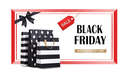 Black fryday sale banner.Shopping bags and promotion template on white background.
