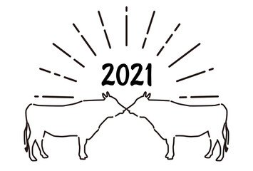 2021年丑年年賀状-ラインアート牛