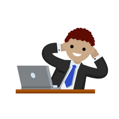 Successful businessman in suit. Gesture with hand behind head. Rest at work with computer on table. Happy man in tie. Business or pleasure. Cartoon flat illustration