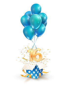 16th years celebrations. Greetings of sixteen birthday isolated vector design elements. Open textured gift box with numbers and flying on balloons