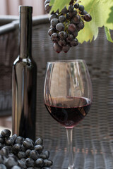 glass and bottle of dark red wine and grapes on a dark background