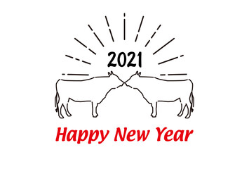 2021年丑年年賀状-ラインアート牛