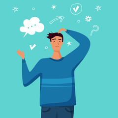 Man thinking and has idea. Flat cartoon. Vector illustration