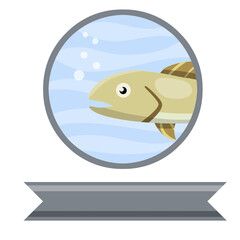 Logo of fish in circle. Blue water with bubbles. Ribbon for text. Flat cartoon. Element of fishing and fish restaurant. Gray marine animal underwater