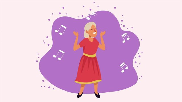 old woman with music notes animation character