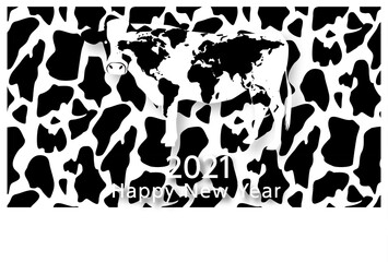 2021年丑年年賀状-世界地図柄ホルスタイン・乳牛柄背景