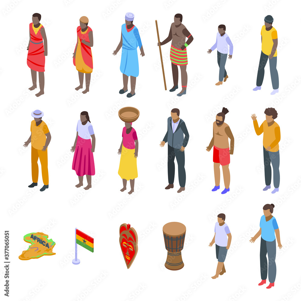 Wall mural african people icons set. isometric set of african people vector icons for web design isolated on wh