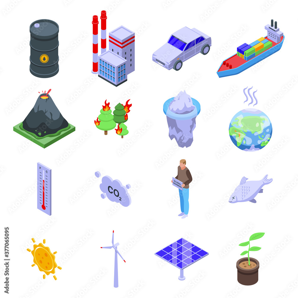 Poster global warming icons set. isometric set of global warming vector icons for web design isolated on wh