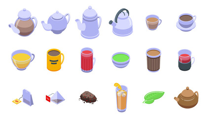 Tea icons set. Isometric set of tea vector icons for web design isolated on white background