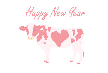 2021年丑年年賀状-ピンク色のハート柄の乳牛