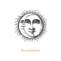 Sun and Moon, hand drawn in engraving style.