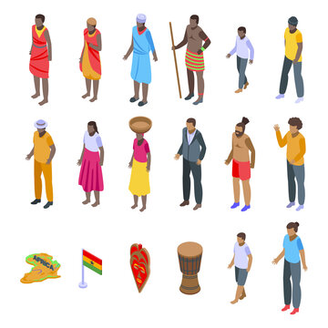 African People Icons Set. Isometric Set Of African People Vector Icons For Web Design Isolated On White Background