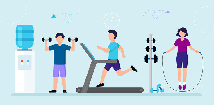 Cartoon Group Of People In Gym Exercising. Male And Female Characters Doing Sports On Blue Background. Vector Composition With Water Cooler, Different Sportsmen Equipment. Active Lifestyle Concept