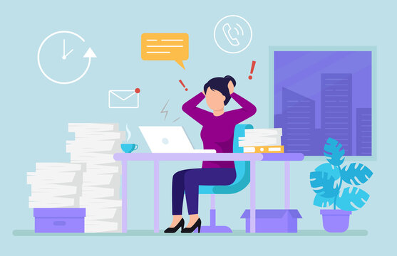 Businesswoman In Modern Office Surrounding Overloaded With Work. Clock, Window, Flower On Background. Vector Concept Illustration Of Hard Working Business Employee Character Sitting At Table Tired