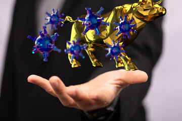 Economic impact of virus on global economy. Recession and financial crisis concept. 3D rendered illustration..