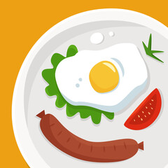 Breakfast with toast, eggs and coffee on plate. Flat. Vector illustration