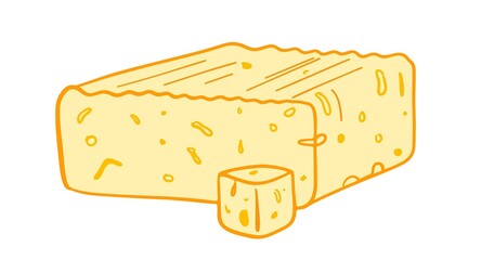 Illustration in color. Cheese. Cut off a square piece of soft cheese.